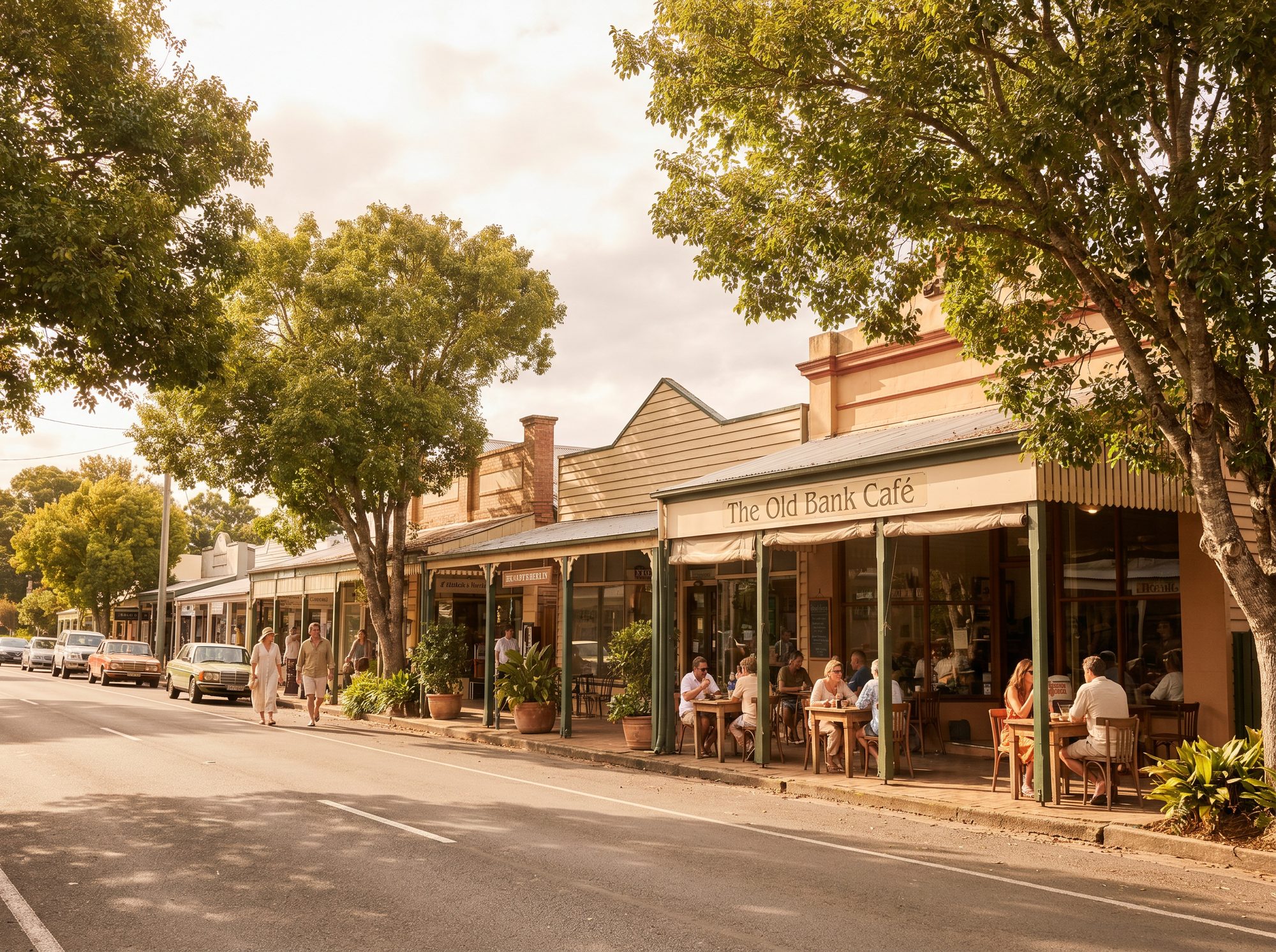 Bangalow main street with heritage shopfronts and outdoor café seating in the morning