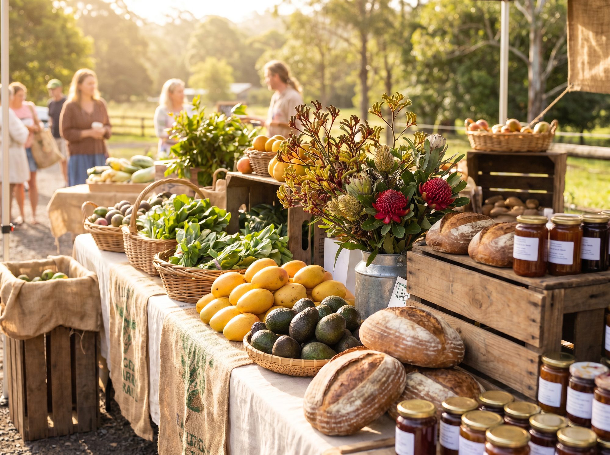 Farmers market stall with fresh produce, sourdough and native Australian flowers