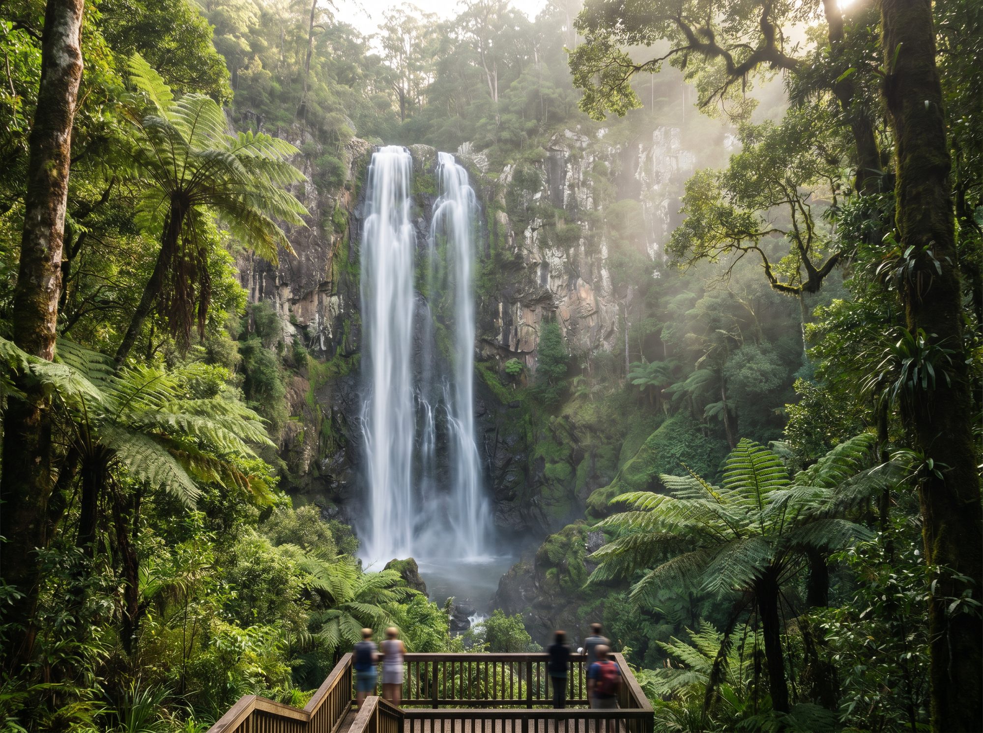 Wooden boardwalk through subtropical rainforest in Nightcap National Park